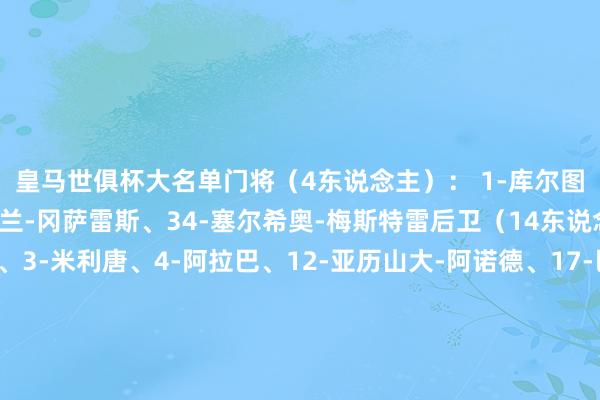 皇马世俱杯大名单　　门将（4东说念主）： 1-库尔图瓦、13-卢宁、26-弗兰-冈萨雷斯、34-塞尔希奥-梅斯特雷　　后卫（14东说念主）： 2-卡瓦哈尔、3-米利唐、4-阿拉巴、12-亚历山大-阿诺德、17-巴斯克斯、20-弗兰-加西亚、22-吕迪格、23-弗兰-门迪、24-赫伊森、29-优素福-恩里克斯、31-哈科沃-拉蒙、35-劳尔-阿森西奥、41-福特亚、43-迭戈-阿瓜多　　中场（9东说