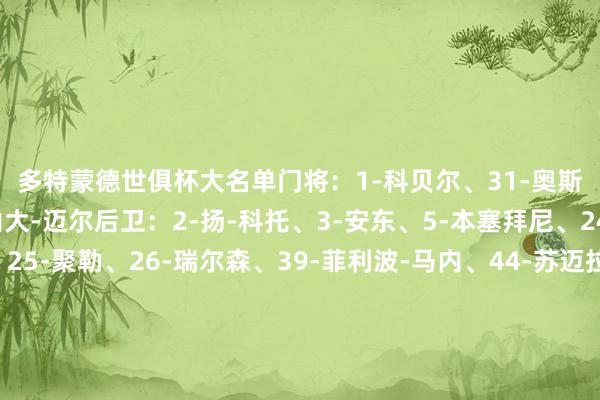 多特蒙德世俱杯大名单　　门将：1-科贝尔、31-奥斯特津斯基、33-亚历山大-迈尔　　后卫：2-扬-科托、3-安东、5-本塞拜尼、24-丹尼尔-文静松、25-聚勒、26-瑞尔森、39-菲利波-马内、44-苏迈拉-库利巴利、47-埃利亚斯-本卡拉　　中场：7-雷纳、8-费利克斯-恩梅加、10-布兰特、13-格罗斯、16-迪朗维尔、17-丘库埃梅卡、20-萨比策、41-马蒂斯-阿尔伯特、46-埃兹希勒