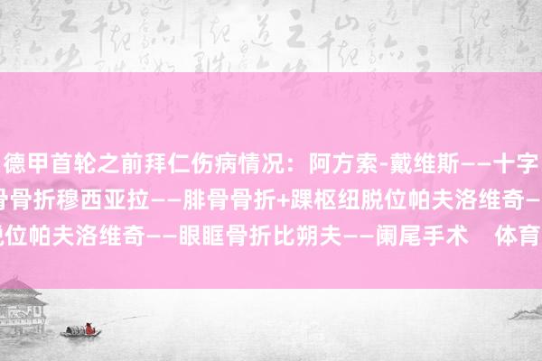 德甲首轮之前拜仁伤病情况：阿方索-戴维斯——十字韧带受伤伊藤洋辉——跖骨骨折穆西亚拉——腓骨骨折+踝枢纽脱位帕夫洛维奇——眼眶骨折比朔夫——阑尾手术    体育录像/图片