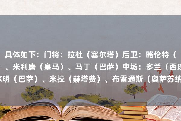 具体如下:门将:拉杜(塞尔塔)后卫:略伦特(马竞)、库巴西(巴萨)、米利唐(皇马)、马丁(巴萨)中场:多兰(西班经纪东谈主)、费尔明(巴萨)、米拉(赫塔费)、布雷通斯(奥萨苏纳)前卫:姆巴佩(皇马)、穆里奇(马洛卡) 体育集锦