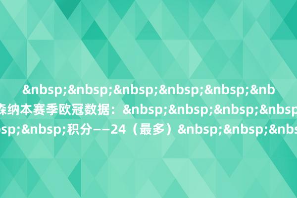 &nbsp;&nbsp;&nbsp;&nbsp;&nbsp;&nbsp;&nbsp;&nbsp;阿森纳本赛季欧冠数据：&nbsp;&nbsp;&nbsp;&nbsp;&nbsp;&nbsp;&nbsp;&nbsp;积分——24（最多）&nbsp;&nbsp;&nbsp;&nbsp;&nbsp;&nbsp;&nbsp;&nbsp;进球——23（最多）&nbsp;&nbsp;&nbsp;&nbsp;&nbsp;&nbsp;&nbsp;&nbsp;失球——4（最少）体育赛事直播